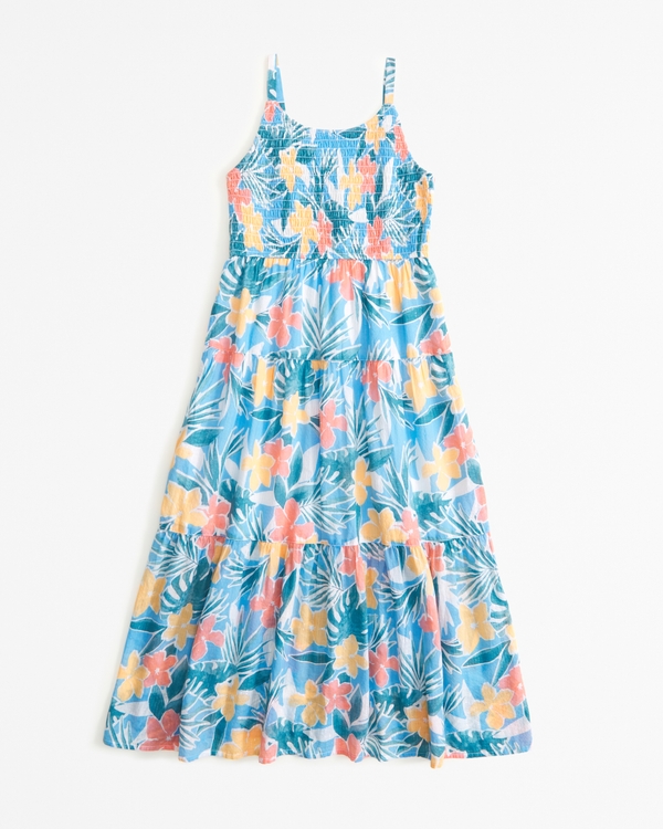smocked tiered maxi dress, Blue Floral