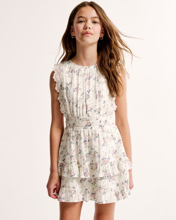 smocked waist tiered mini dress, White Floral