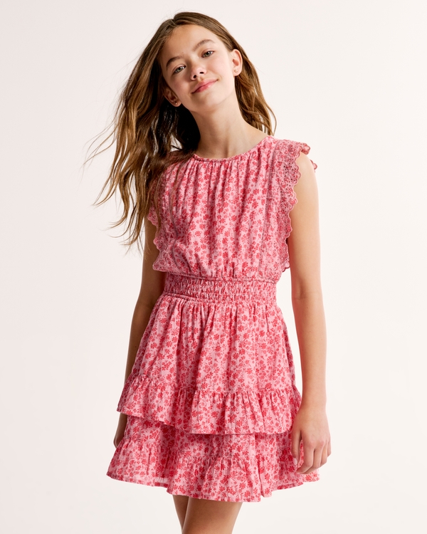 smocked waist tiered mini dress, Pink And Red Floral