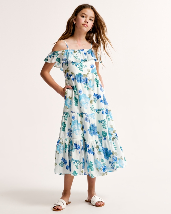 off-the-shoulder maxi dress, White And Blue Floral