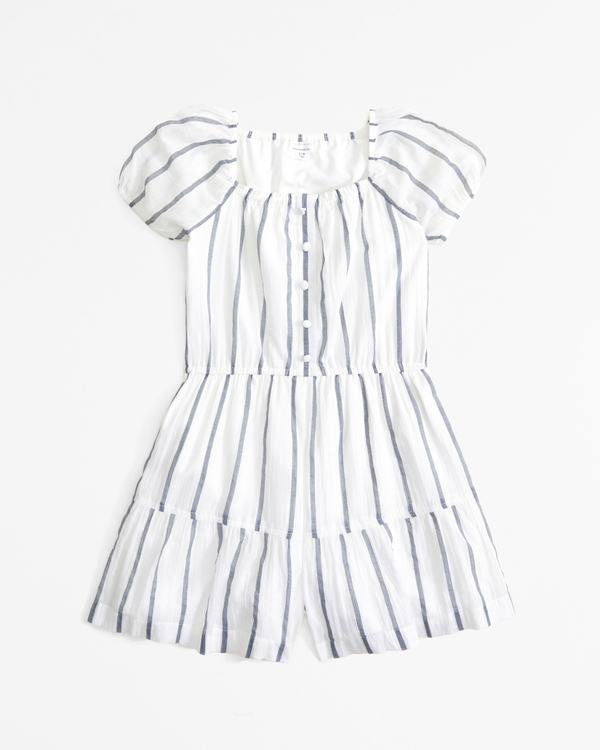 short-sleeve gauzy romper, White Stripe