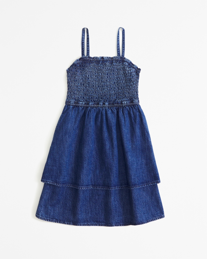 Girls Navy Denim Sleeveless Multi Pocket Short Dress
