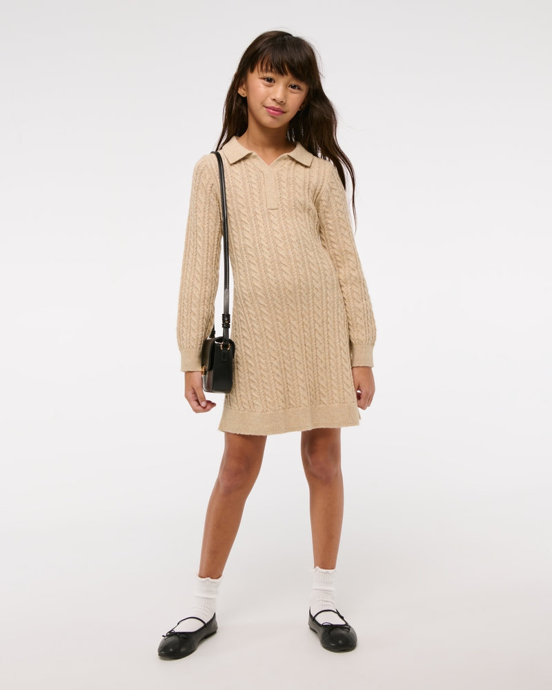 long-sleeve collared cable sweater dress
