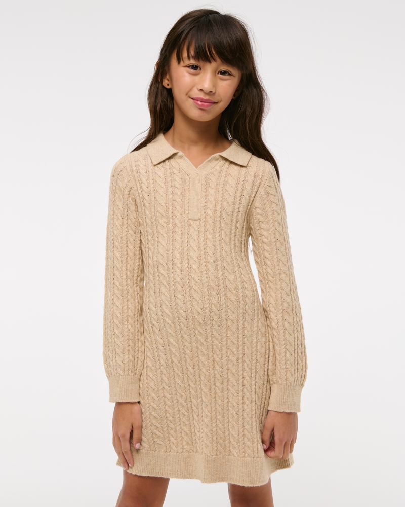 long-sleeve collared cable sweater dress