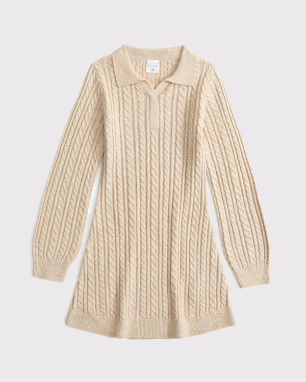 long-sleeve collared cable sweater dress, Tan view 1