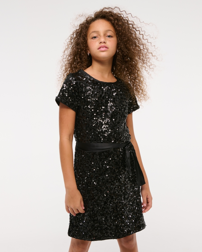 short-sleeve sequin belted mini dress