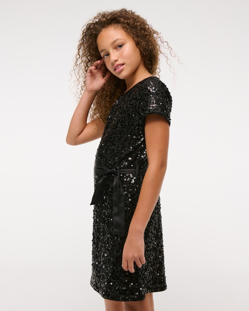 short-sleeve sequin belted mini dress