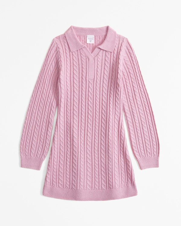 long-sleeve collared cable sweater dress, Peony view 1