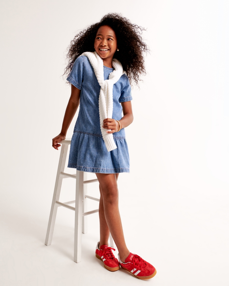 girls short-sleeve denim drop-waist dress girls clearance