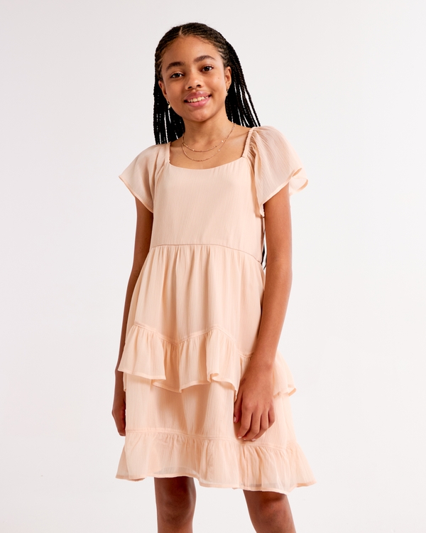 flutter sleeve ruffle mini dress, Light Pink