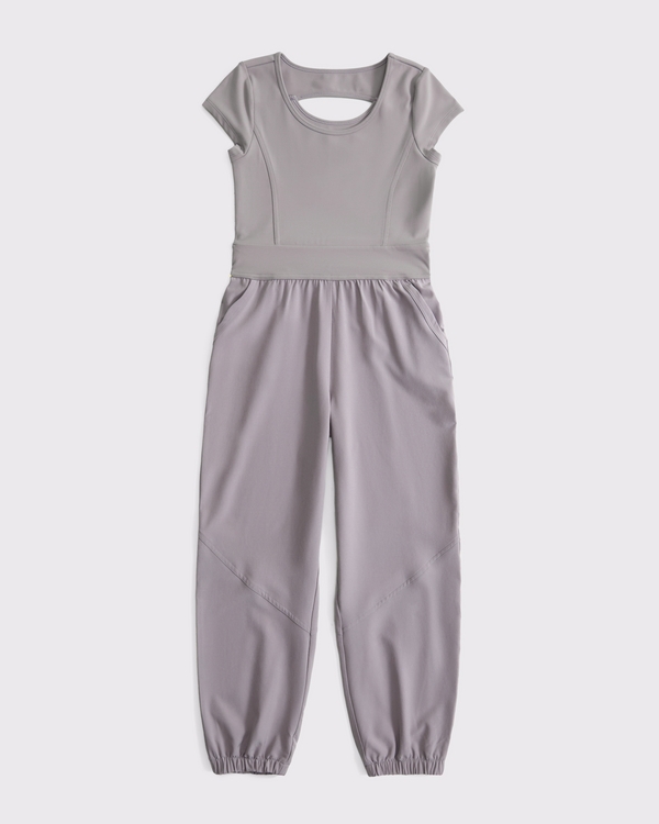 ypb mixed fabric short-sleeve jumpsuit, Taupe view 1