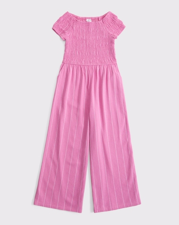 off-the-shoulder smocked jumpsuit