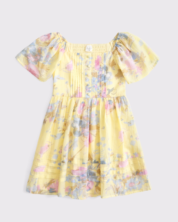 flutter sleeve pleated mini dress, Yellow Pattern view 1