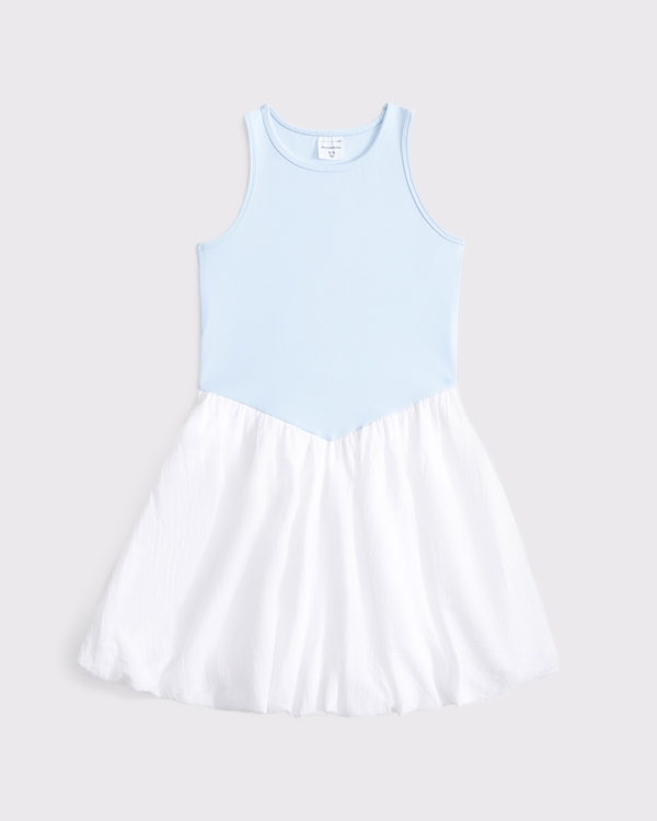 mixed fabric bubble hem mini dress, Light Blue view 2