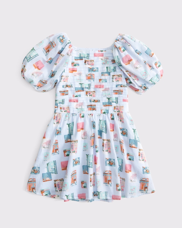 emerson puff sleeve drop-waist mini dress, Light Blue Pattern view 1