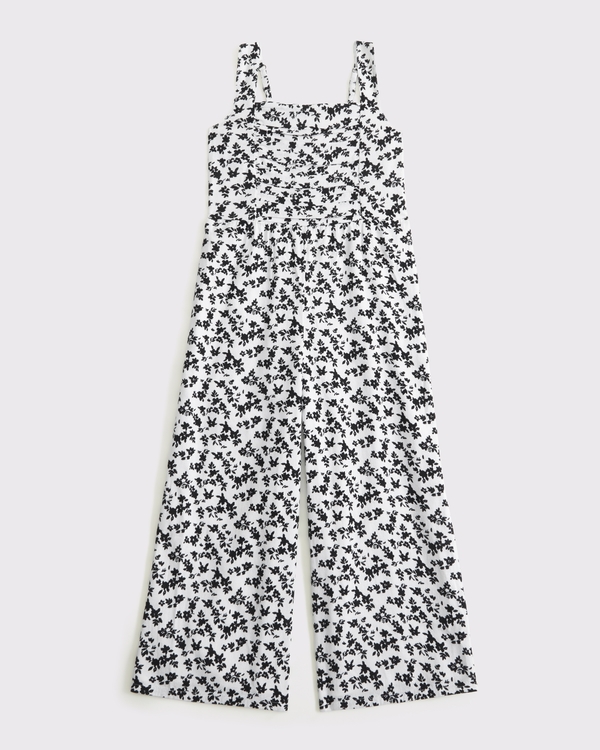 pleated squareneck jumpsuit, Black Floral view 1