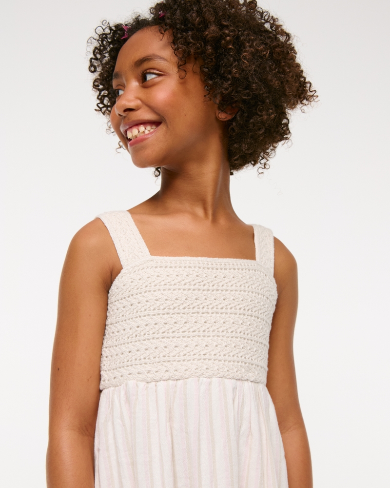 crochet-style mixed fabric mini dress