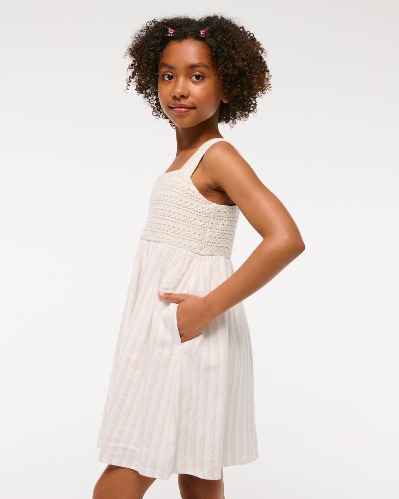 crochet-style mixed fabric mini dress