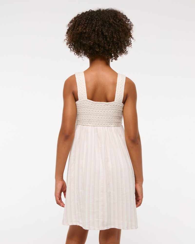 crochet-style mixed fabric mini dress