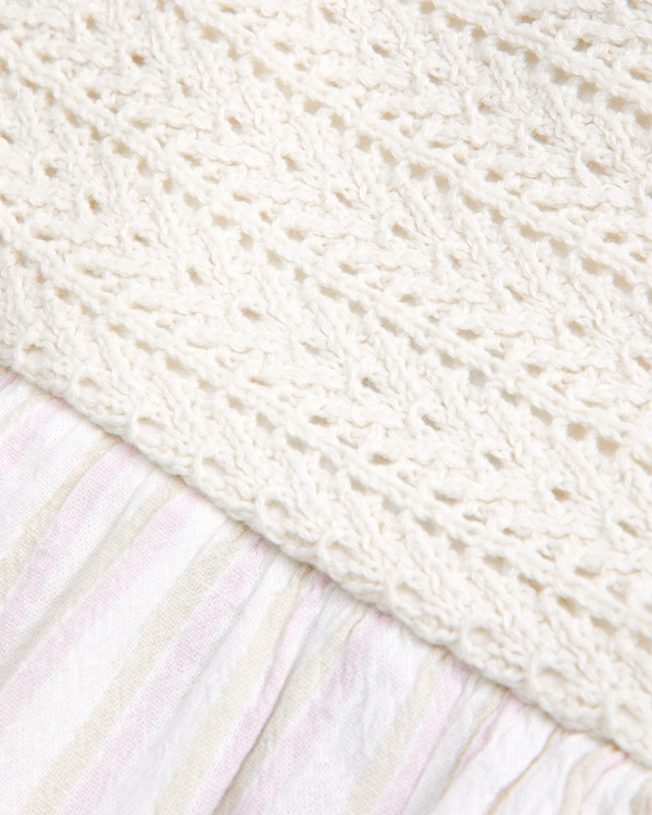 crochet-style mixed fabric mini dress, Cream Stripe view 2