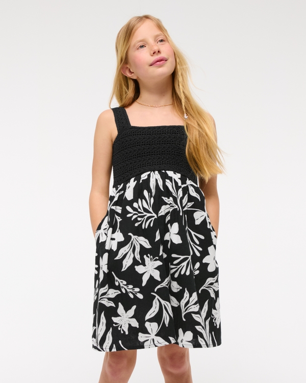 crochet-style mixed fabric mini dress, Black Floral view 1