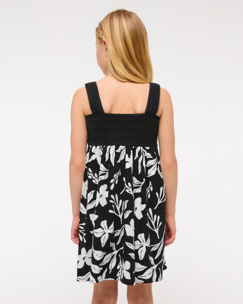 crochet-style mixed fabric mini dress