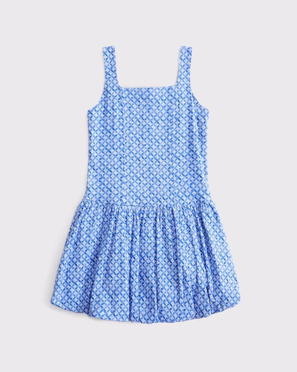 drop-waist bubble hem mini dress, Blue Pattern view 1