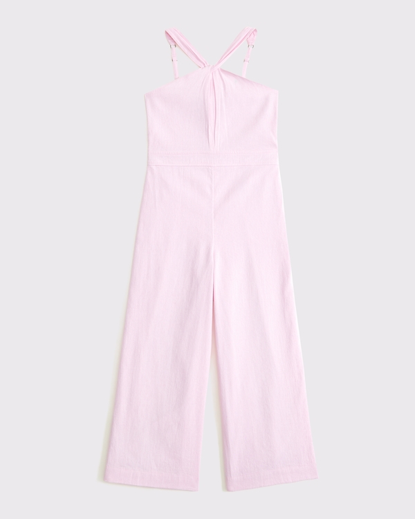 linen-blend halter jumpsuit, Light Pink view 1