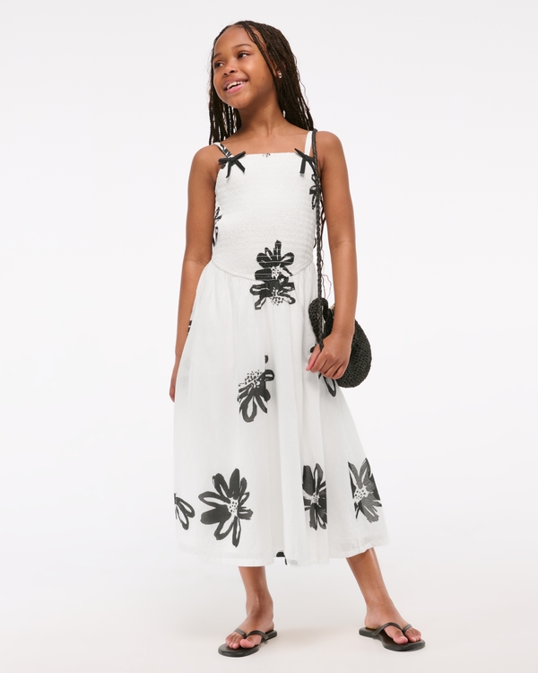 smocked drop-waist maxi dress, Black Pattern view 1