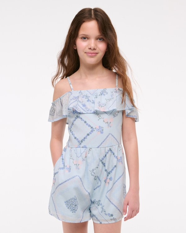 off-the-shoulder ruffle romper, Light Blue Pattern view 1