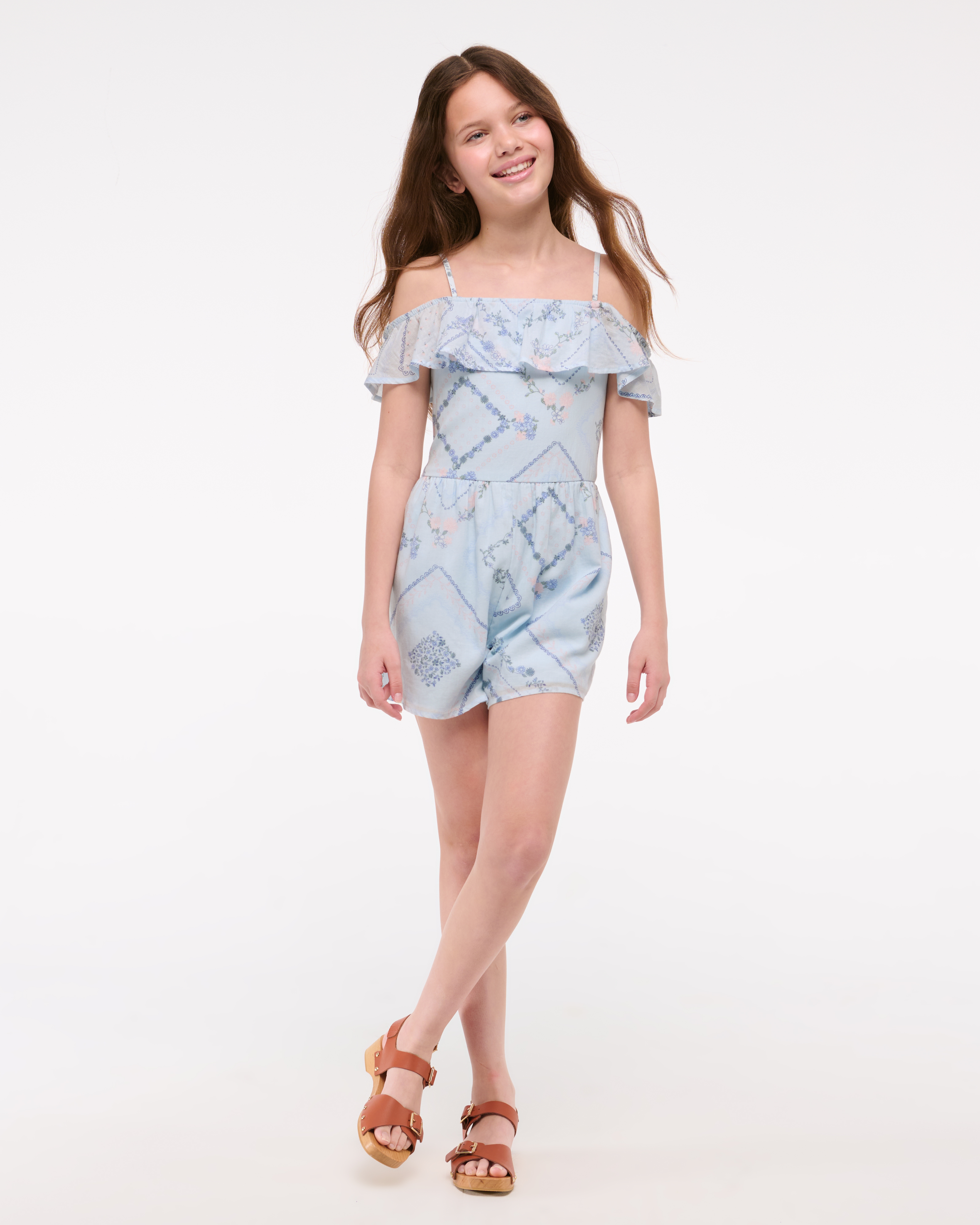 Abercrombie & Fitch Off-the-shoulder Ruffle Romper In Blue
