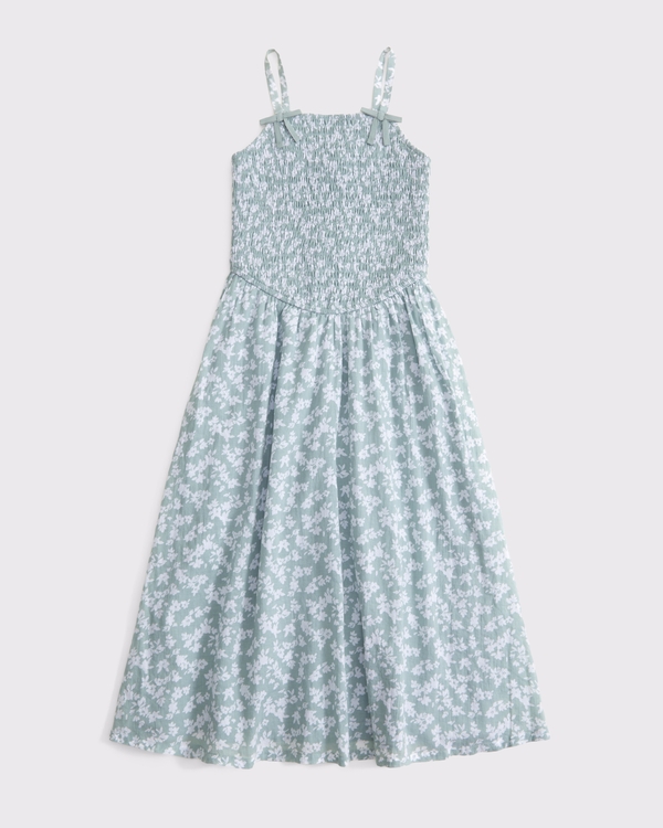 smocked drop-waist maxi dress, Green Floral view 1