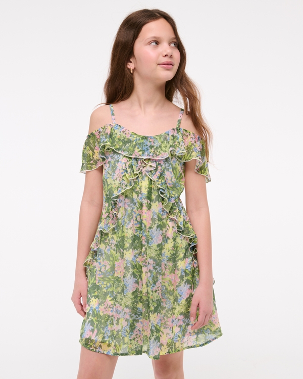 flutter sleeve ruffle mini dress, Green Floral view 1