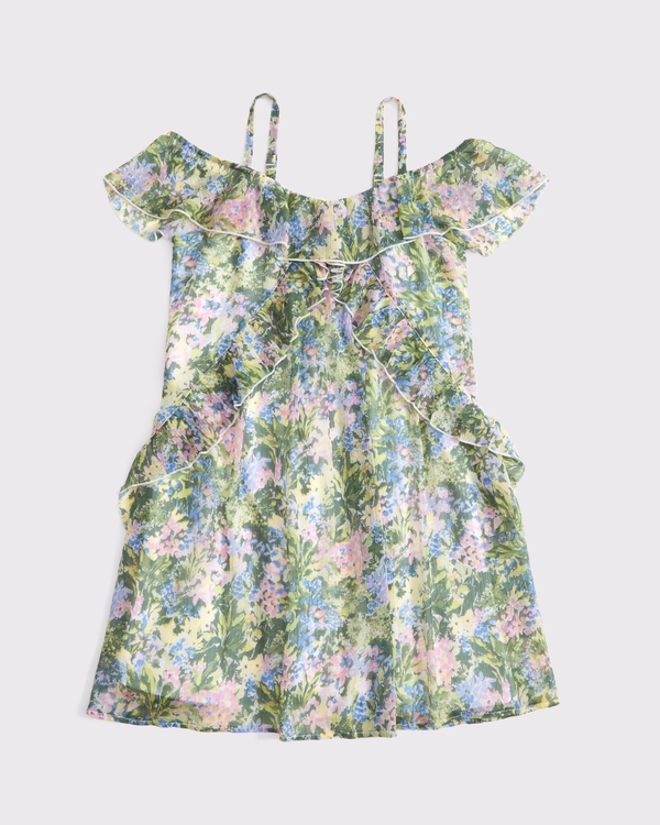 flutter sleeve ruffle mini dress, Green Floral view 2