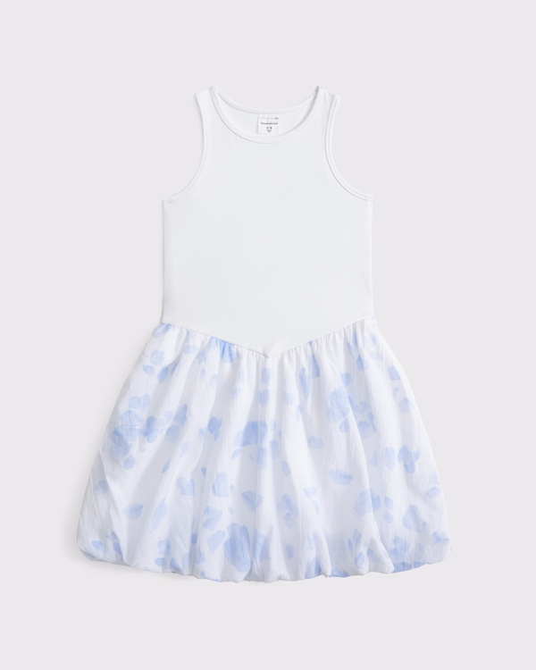 mixed fabric bubble hem mini dress, White Floral view 1