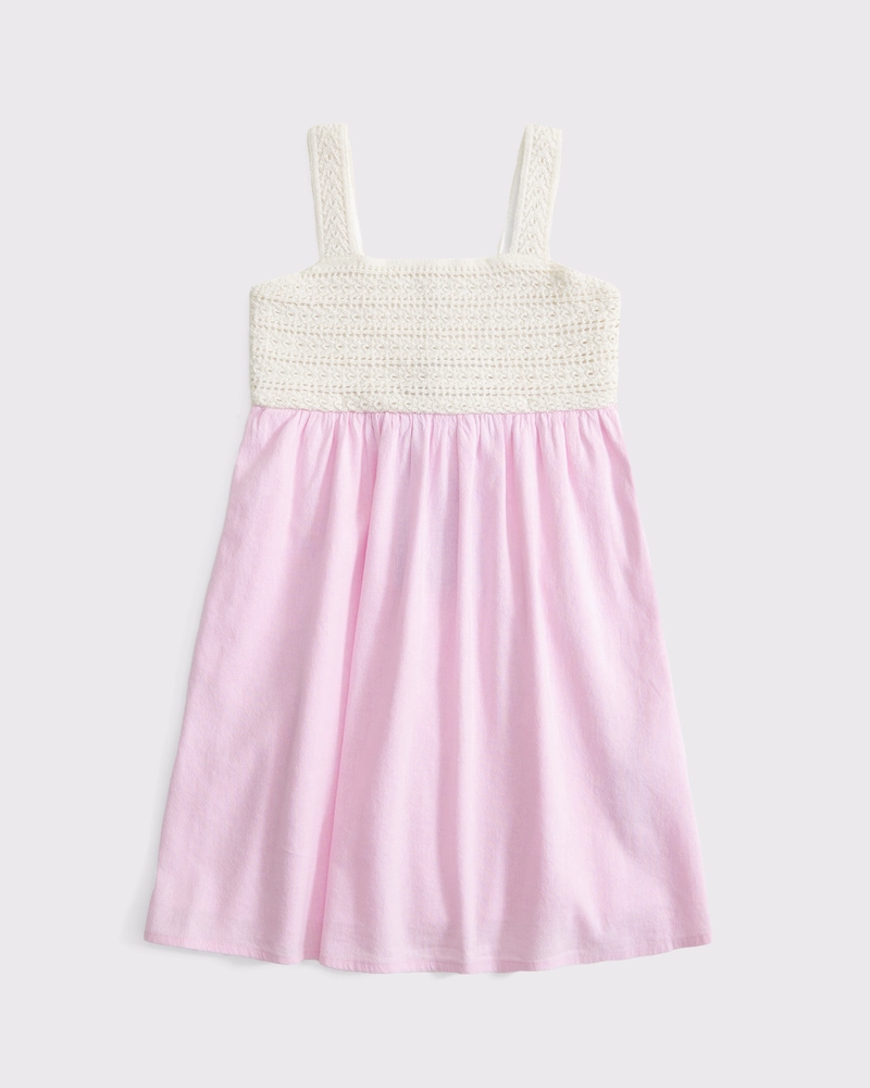 crochet-style mixed fabric mini dress