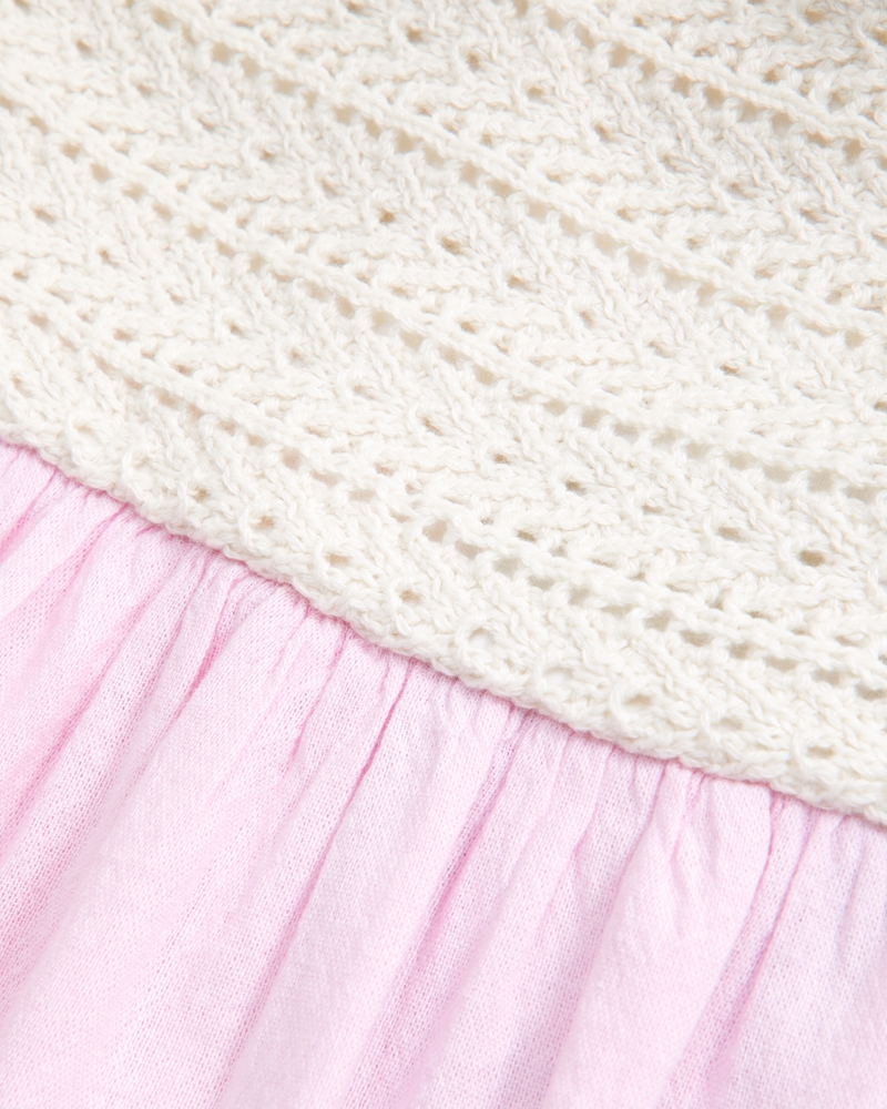 crochet-style mixed fabric mini dress