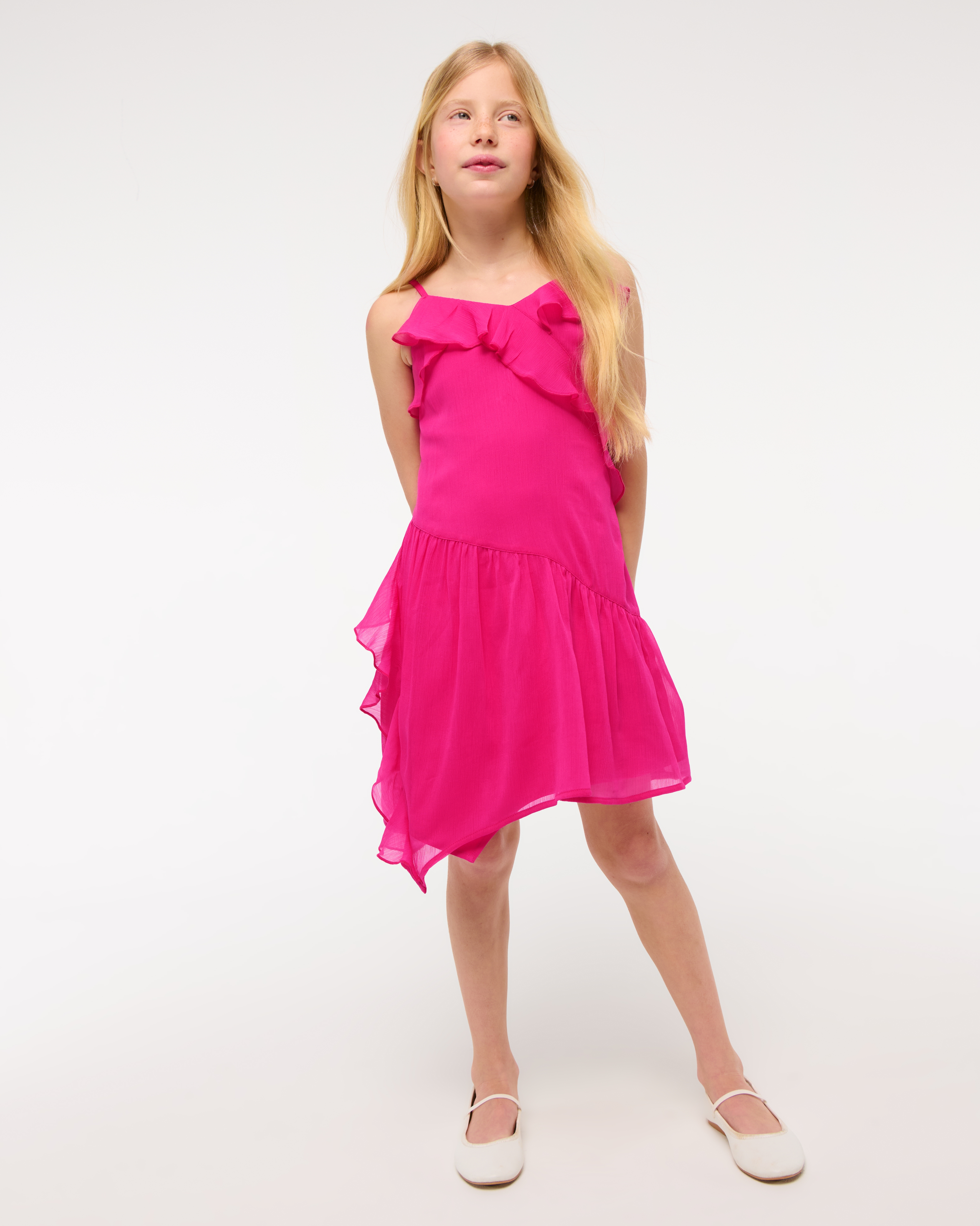 Abercrombie & Fitch Kids' Asymmetrical Hem Ruffle Mini Dress In Pink