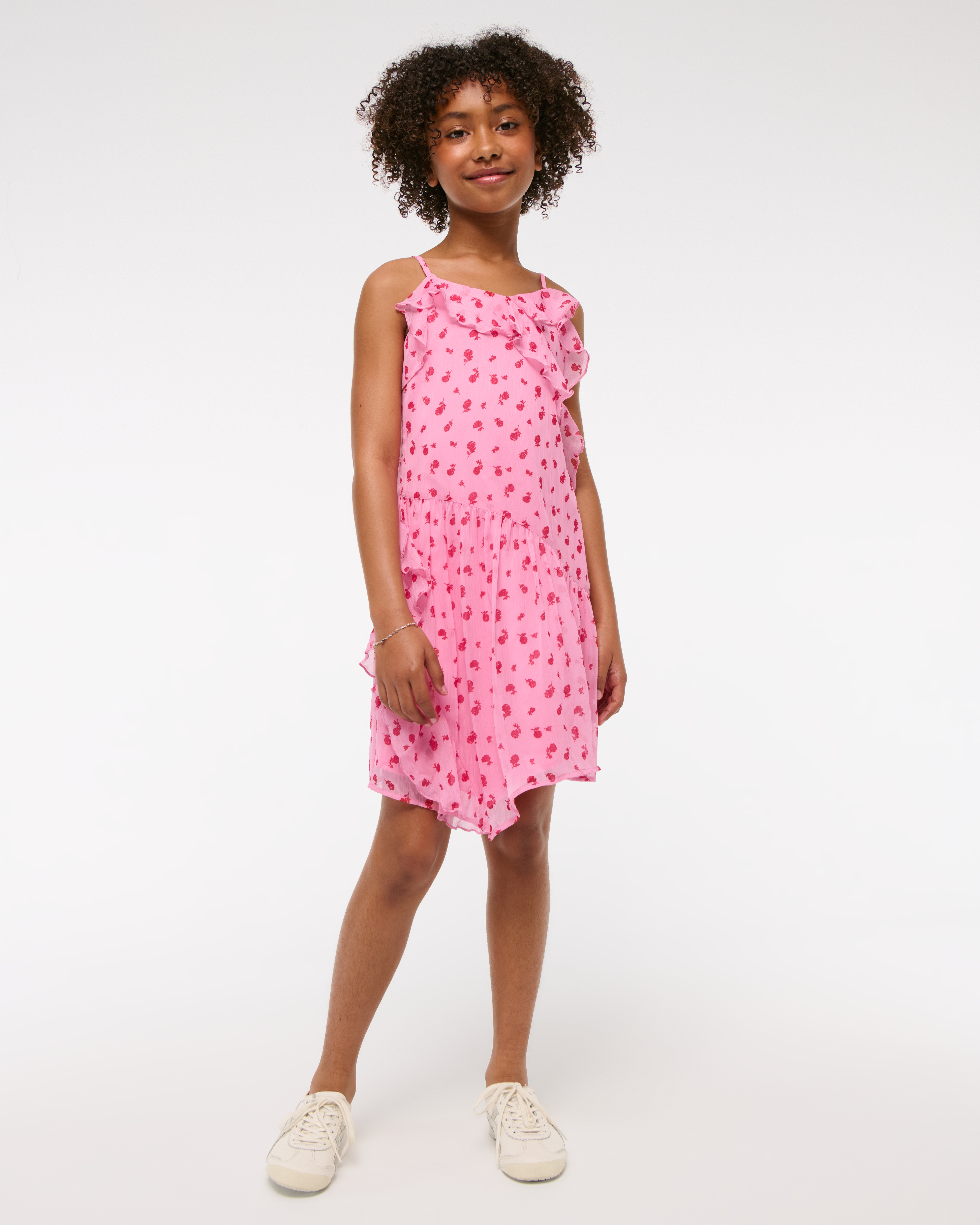 Abercrombie & Fitch Kids' Asymmetrical Hem Ruffle Mini Dress In Pink