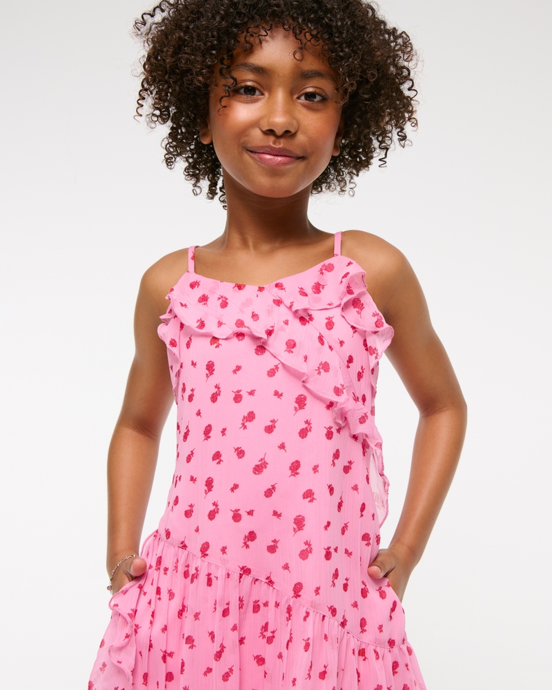 girls asymmetrical hem ruffle mini dress in pink pattern | size 9/10 | abercrombie kids