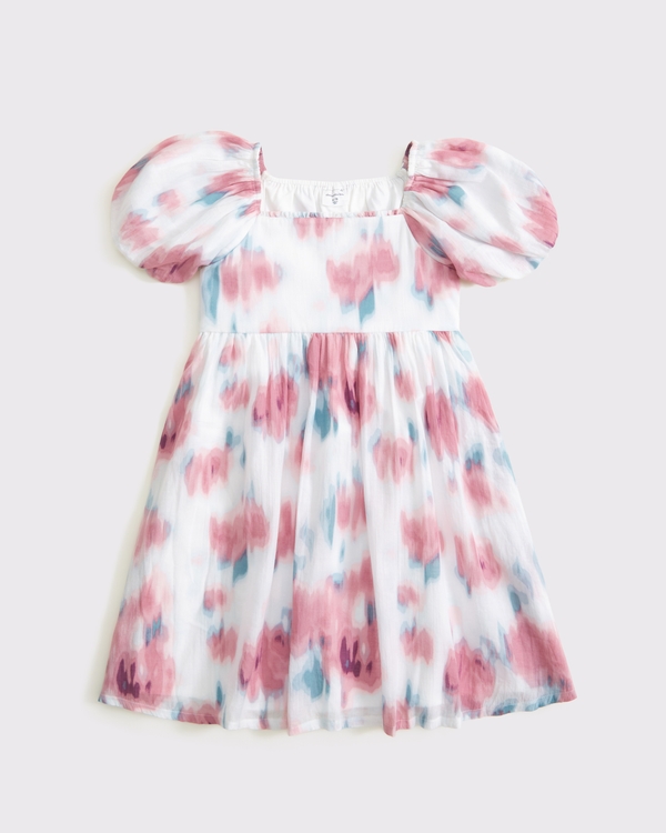 puff sleeve babydoll mini dress, White Pattern view 2