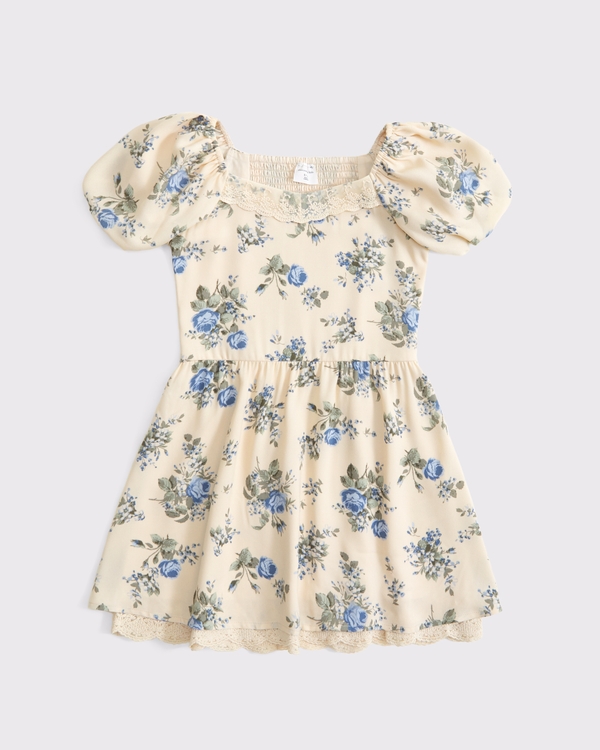puff sleeve lace-trim mini dress, Light Beige Floral view 1