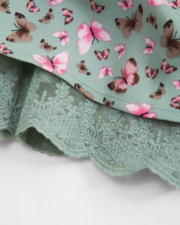 puff sleeve lace-trim mini dress, Green Pattern view 2