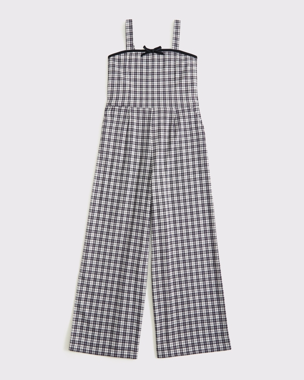 tie-front plaid jumpsuit, Black Plaid view 1
