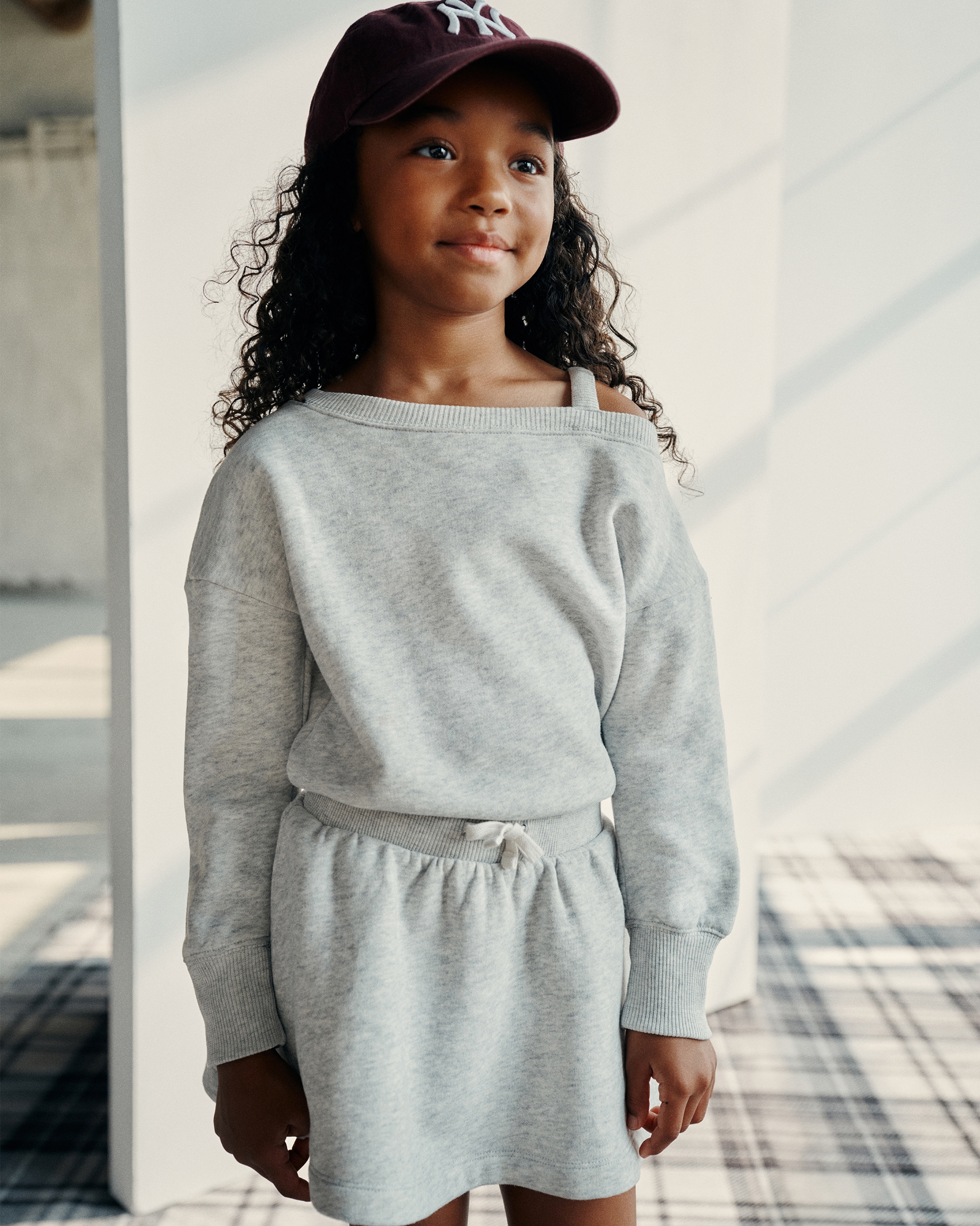Abercrombie & Fitch Kids' Long-sleeve Off-the-shoulder Mini Dress In Gray