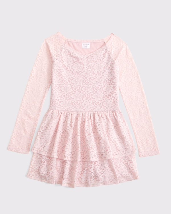 long-sleeve lace tiered mini dress, Light Pink view 1