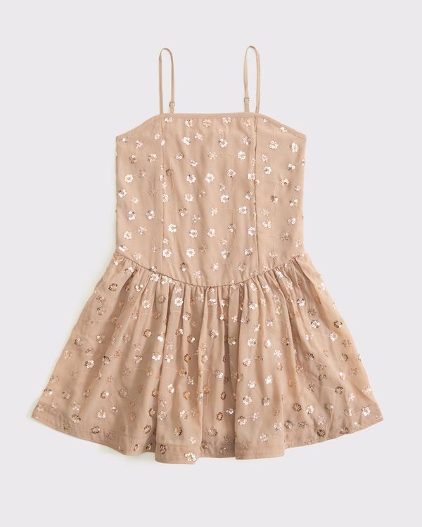 sequin drop-waist mini dress, Light Brown view 1