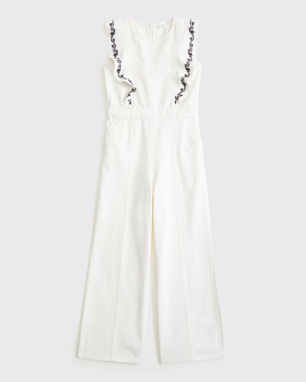denim ruffle jumpsuit, White view 1