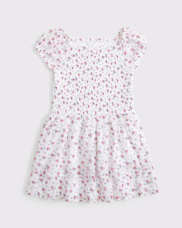 smocked ruffle mini dress, White Floral view 1