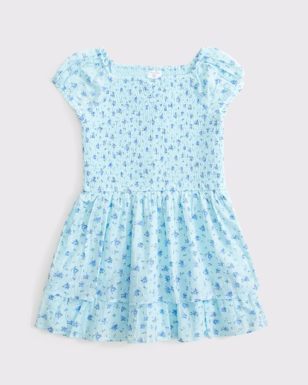 smocked ruffle mini dress, Blue Floral view 1